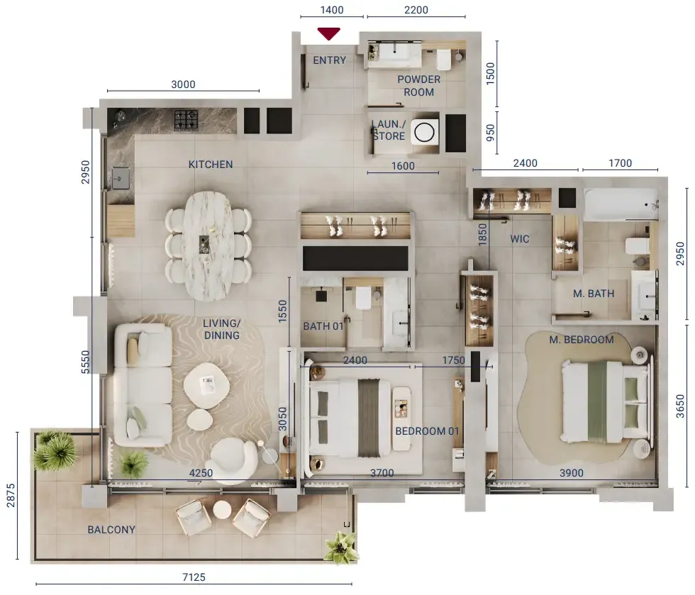 Mirdad 2 bed floor plan, 1,266 sqft