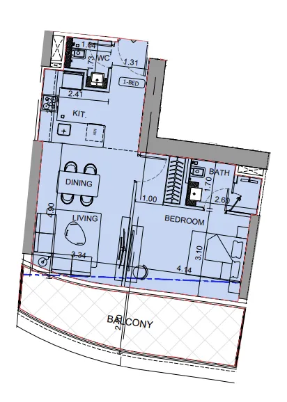 Binghatti Aquarise 1 bed floor plan, 791 sqft