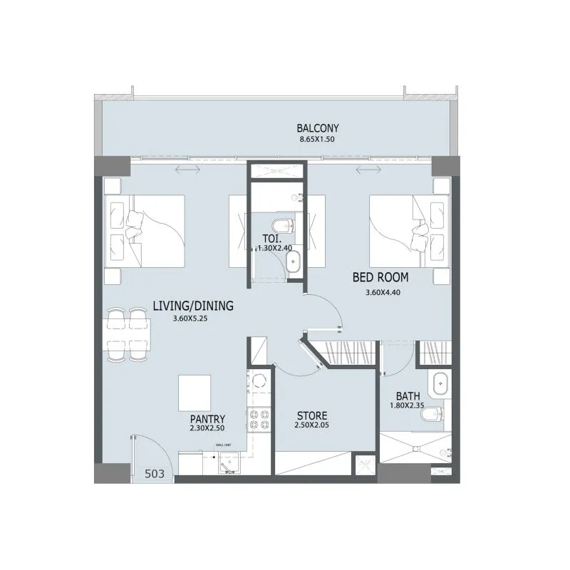 Al Ghaf 2 1 bed floor plan, 868 sqft