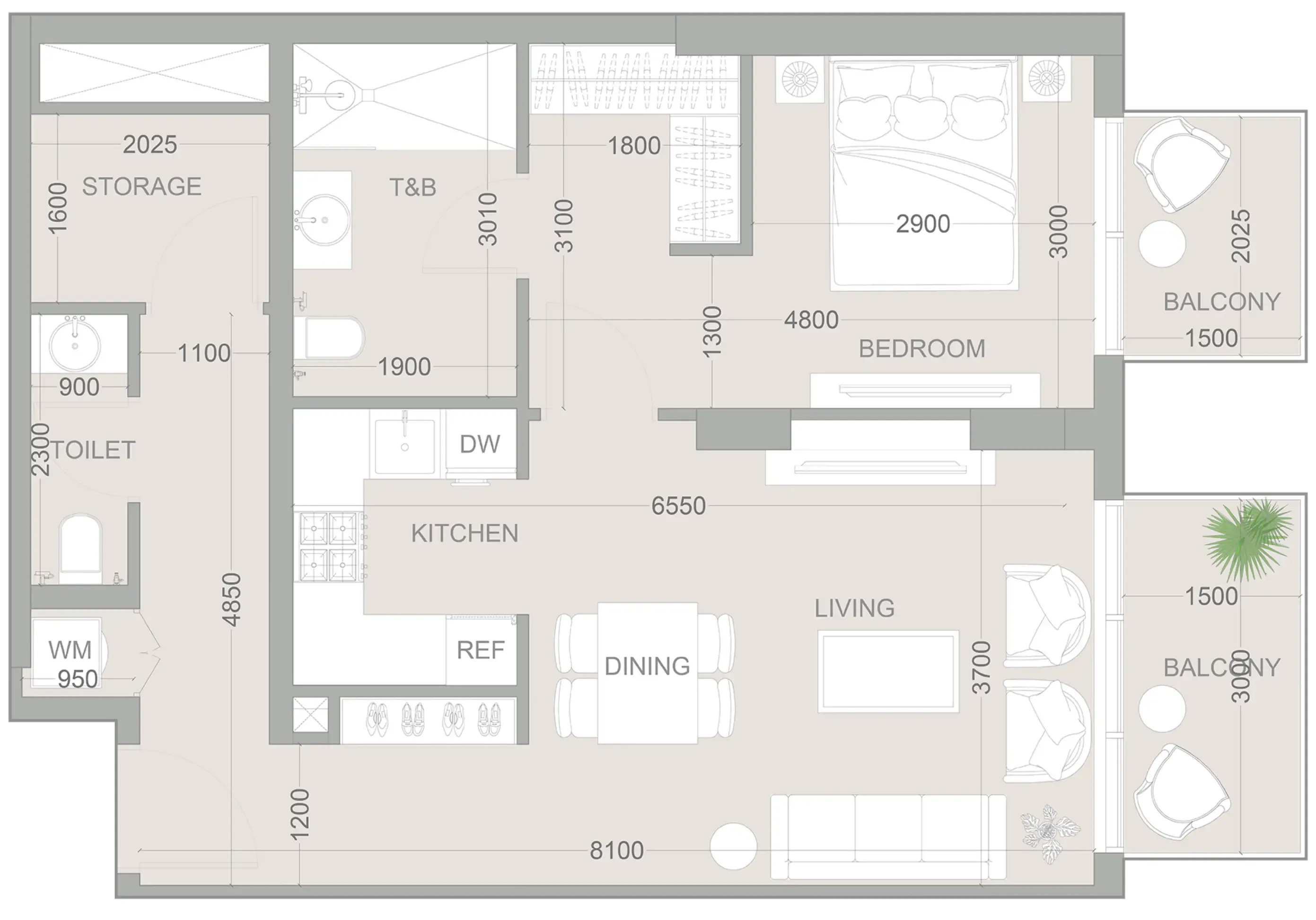 1WOOD Residence 2 1 bed floor plan, 801 sqft