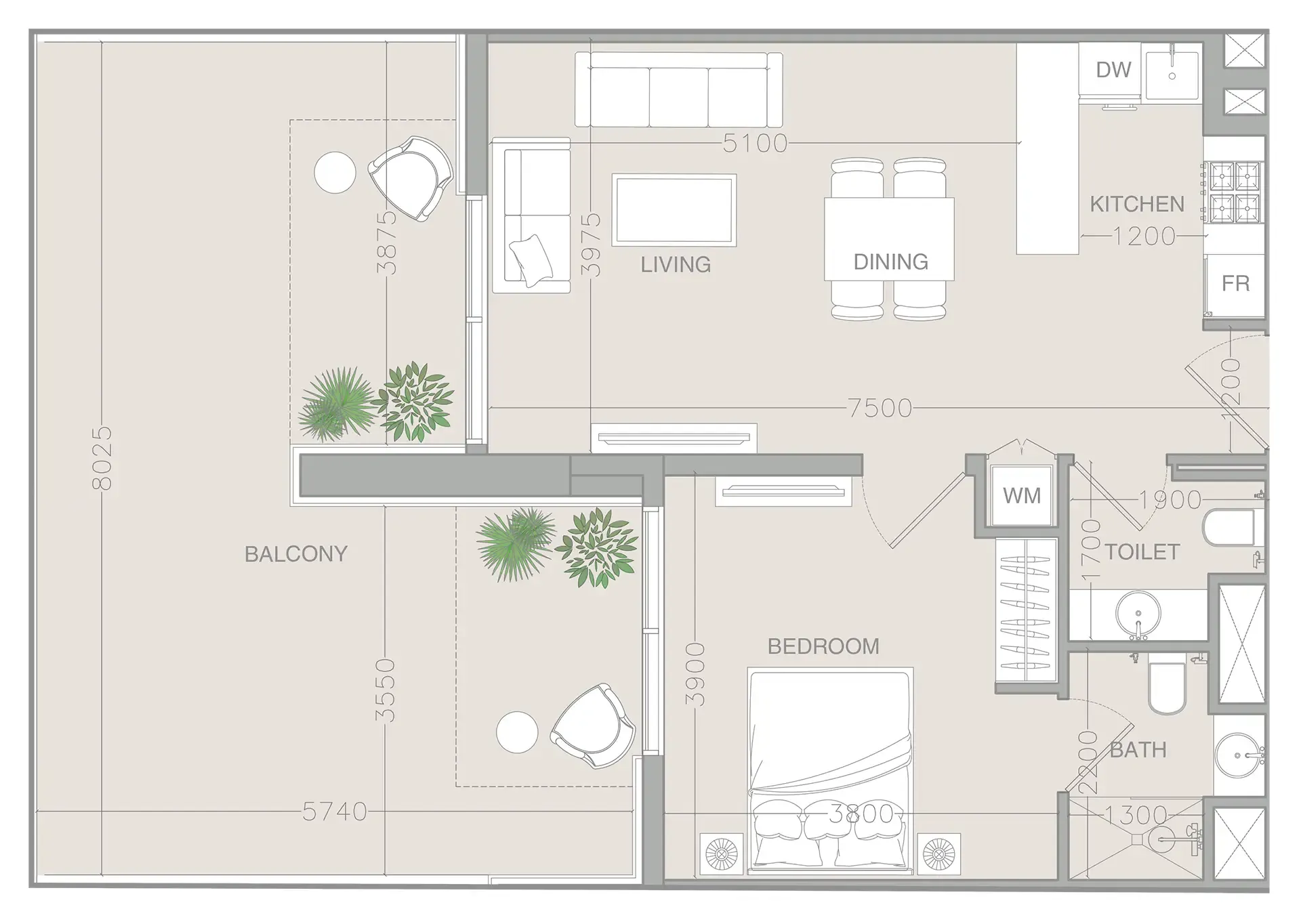 ELAR1S Rise 1 bed floor plan, 1,045 sqft