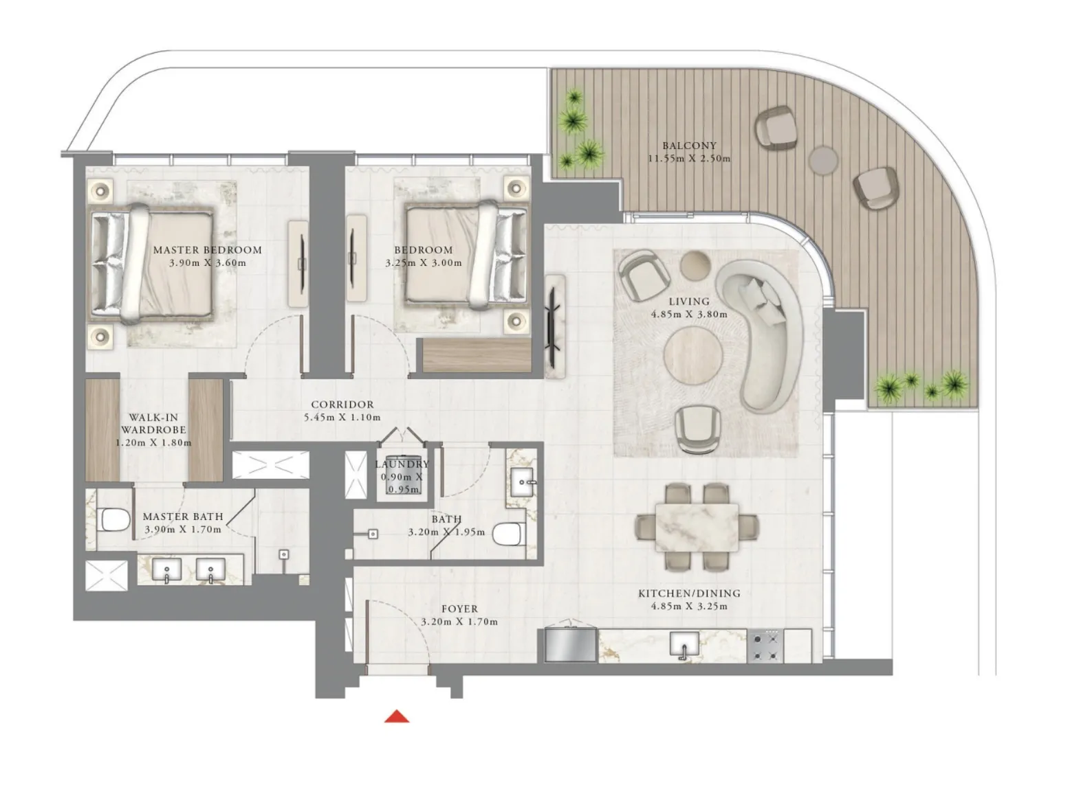 Seapoint 2 bed floor plan, 1,383 sqft