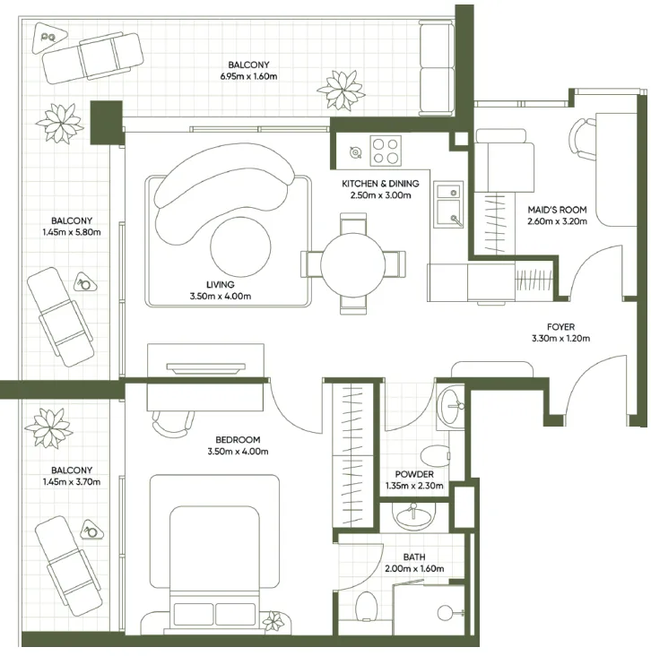 Olivia Gardens 1 bed floor plan, 934 sqft