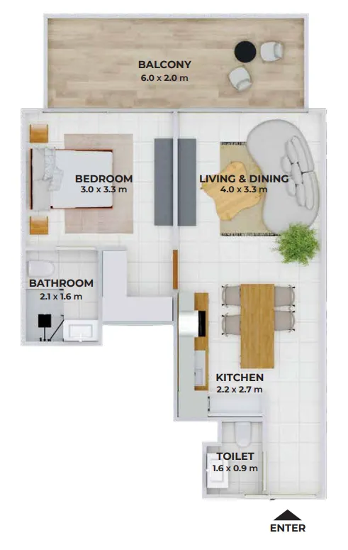 Treppan Tower 1 bed floor plan, 647 sqft