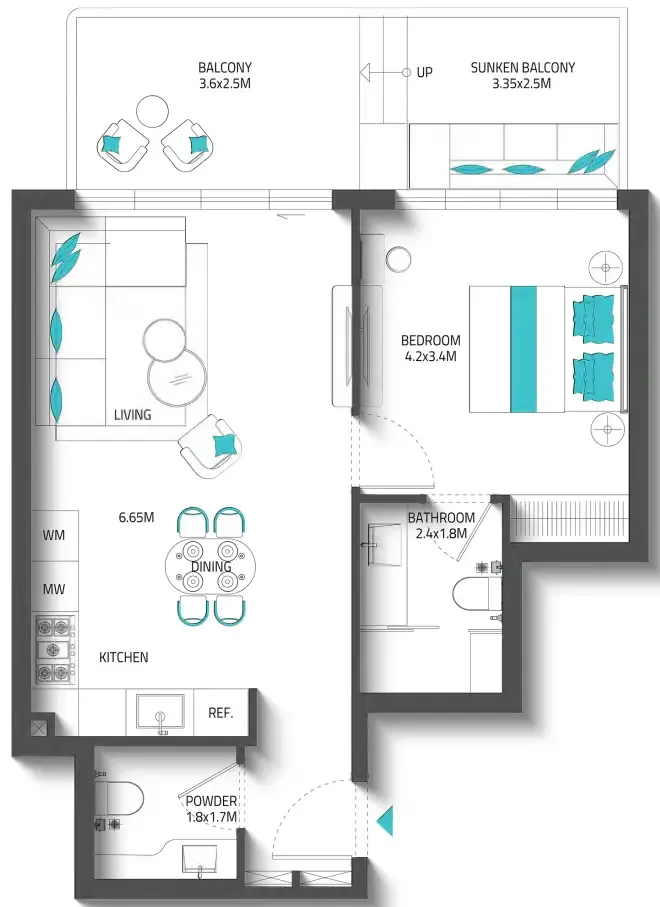 Reef 996 1 bed floor plan, 762 sqft