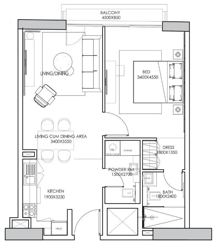 Concept 7 Residences 1 bed floor plan, 698 sqft