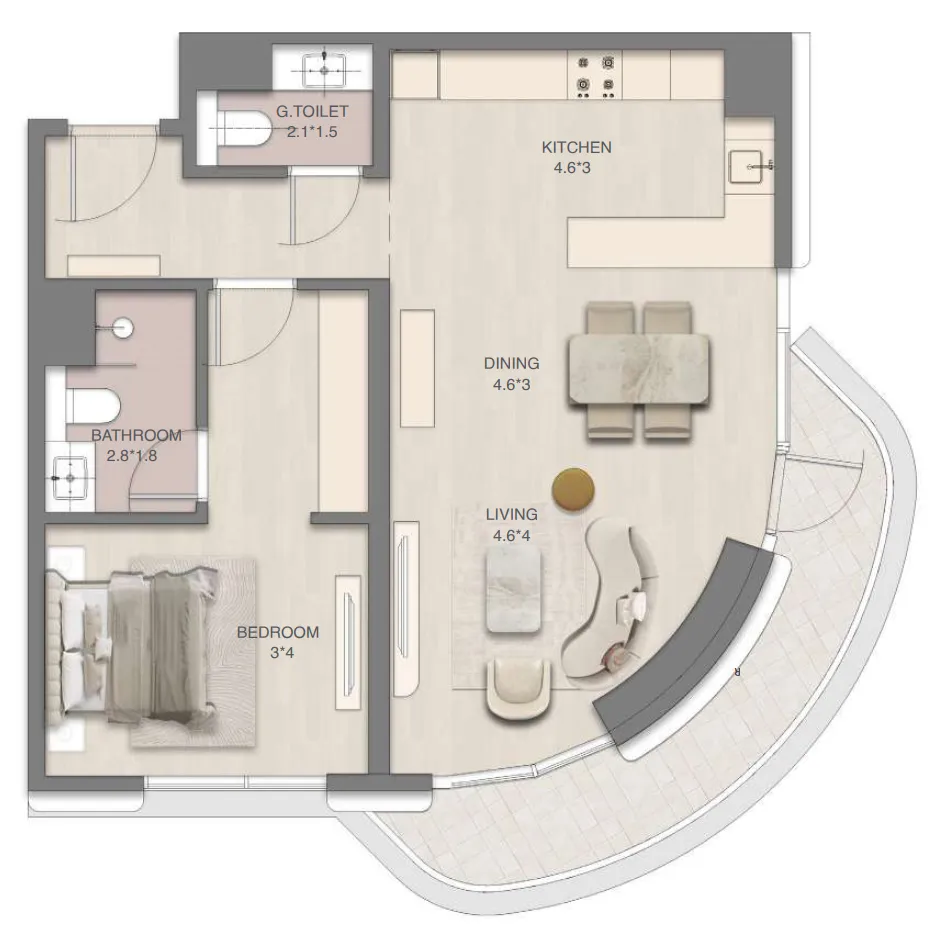 Mirasol Mina 1 bed floor plan, 882 sqft