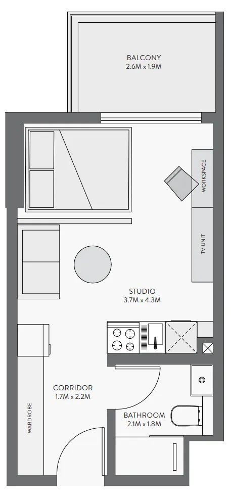 Equiti Gate Studio floor plan, 362 sqft