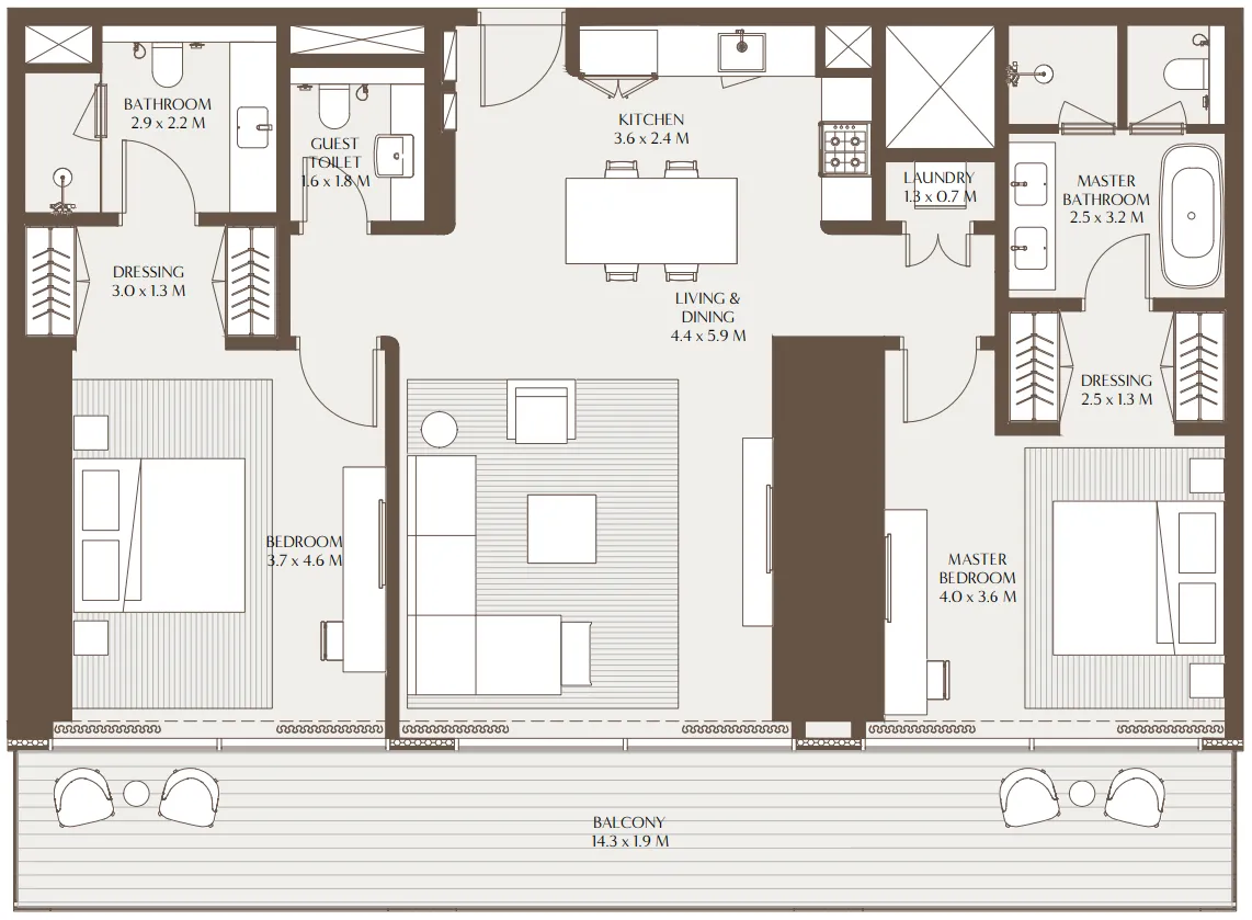 Akala Residences 2 bed floor plan, 1,556 sqft