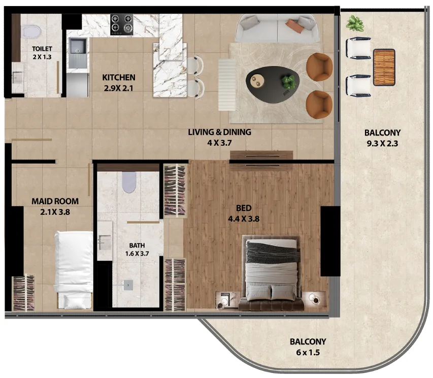Marquis One 1 bed floor plan, 970 sqft