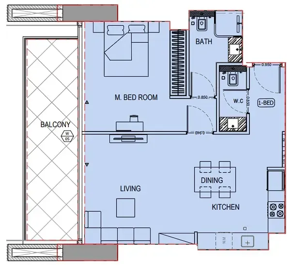Binghatti Apex 1 bed floor plan, 832 sqft