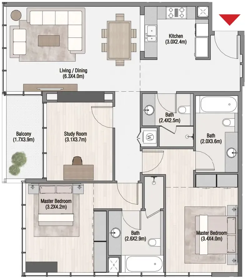 South Living 2 bed floor plan, 1,469 sqft