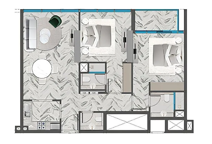 Red Square 2 bed floor plan, 922 sqft