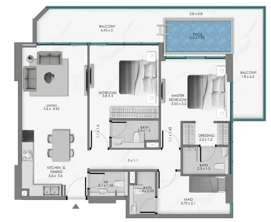 Samana Ocean Bay 2 bed floor plan, 1,450 sqft