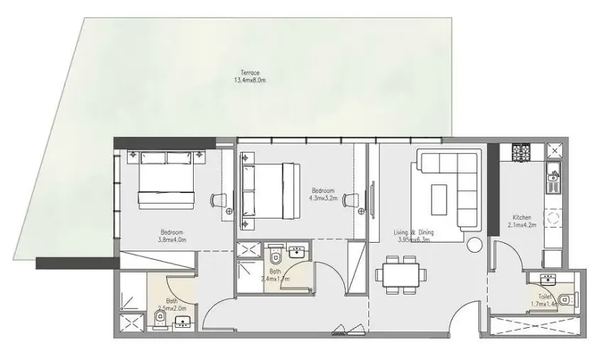 Zenith Residences 2 bed floor plan, 1,715 sqft