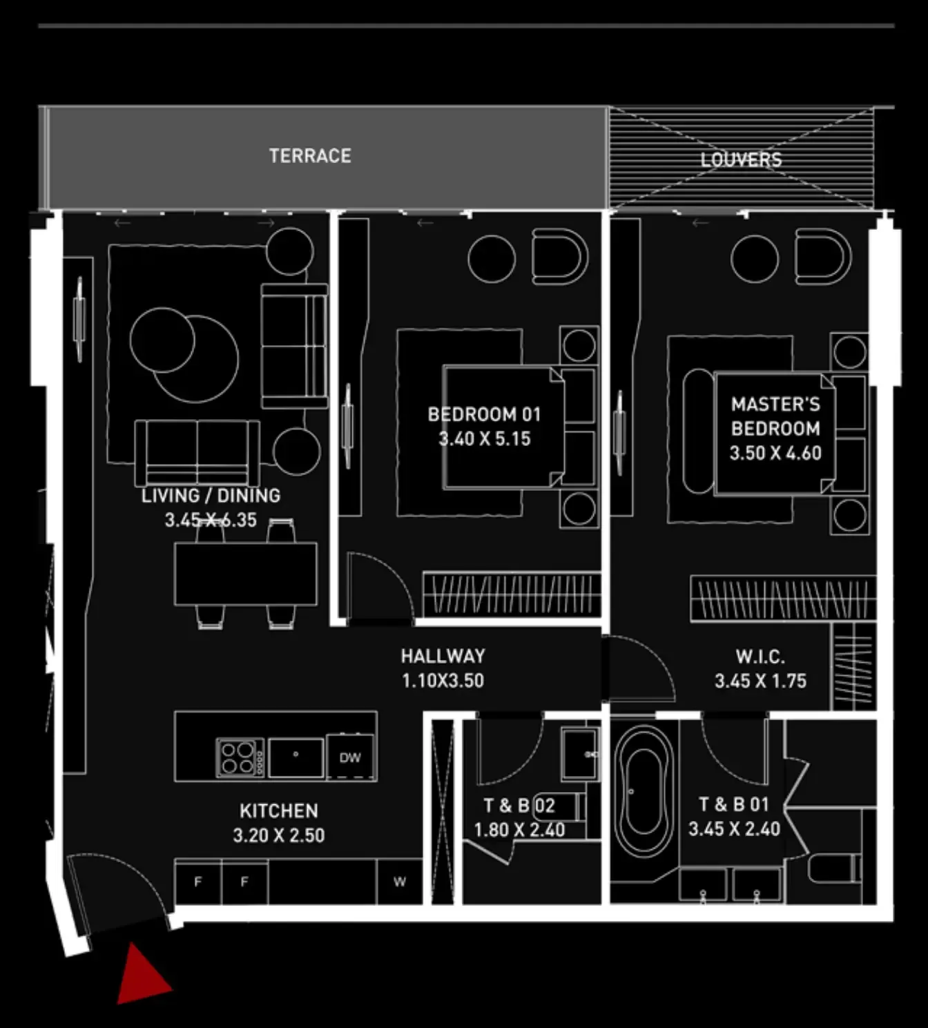 Brabus Island 2 bed floor plan, 1,157 sqft