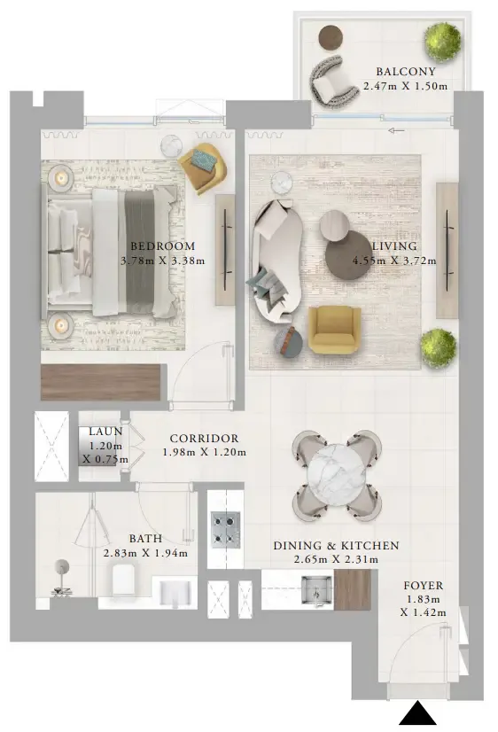 Creek Haven 1 bed floor plan, 728 sqft