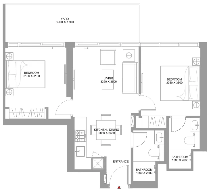 Bayfront Marina Residences 2 bed floor plan, 807 – 808 sqft