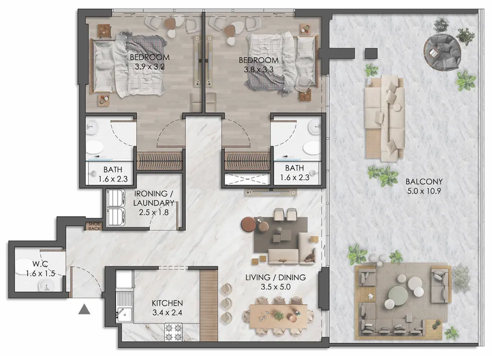 Almaara Residences 2 bed floor plan, 1,593 sqft