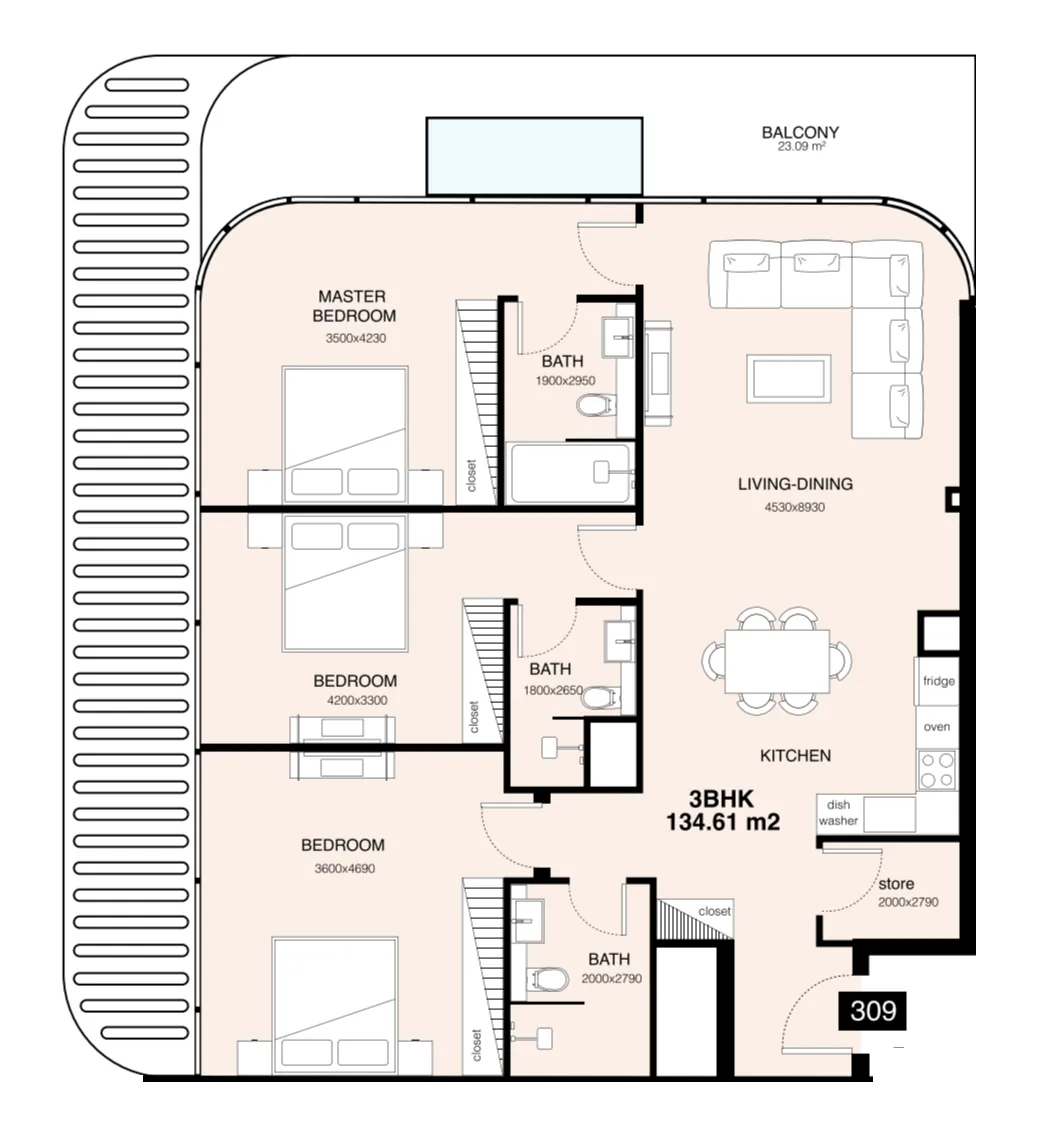 Villa Del Gavi 3 bed floor plan, 1,694 sqft