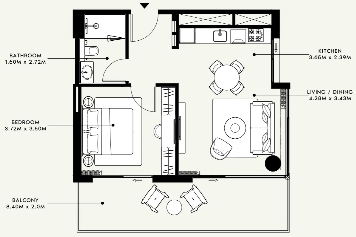 Azizi Venice 1 bed floor plan, 732 sqft