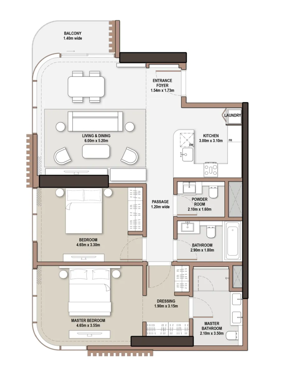 The Edit at d3 2 bed floor plan, 1,266 sqft