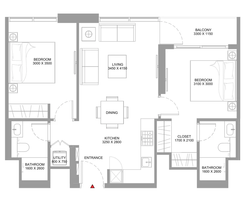 Starline Beach Residences 2 bed floor plan, 777 sqft
