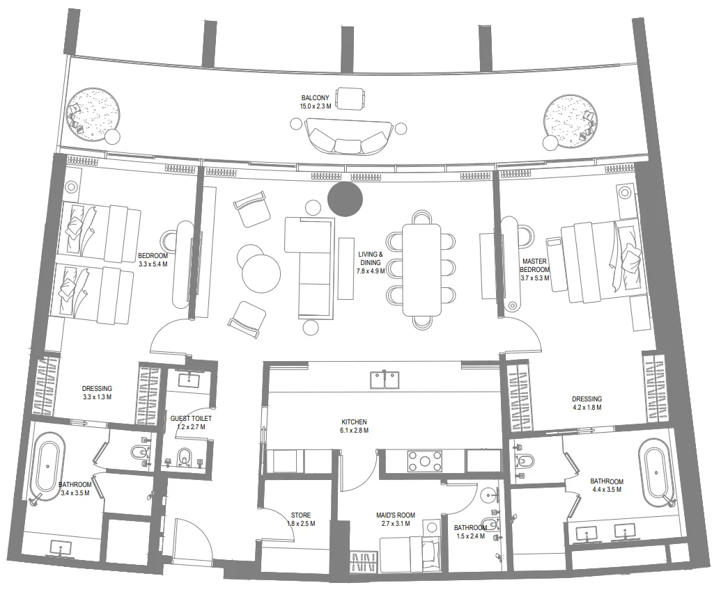 Anantara Sharjah Resort 2 bed floor plan, 2,329 sqft