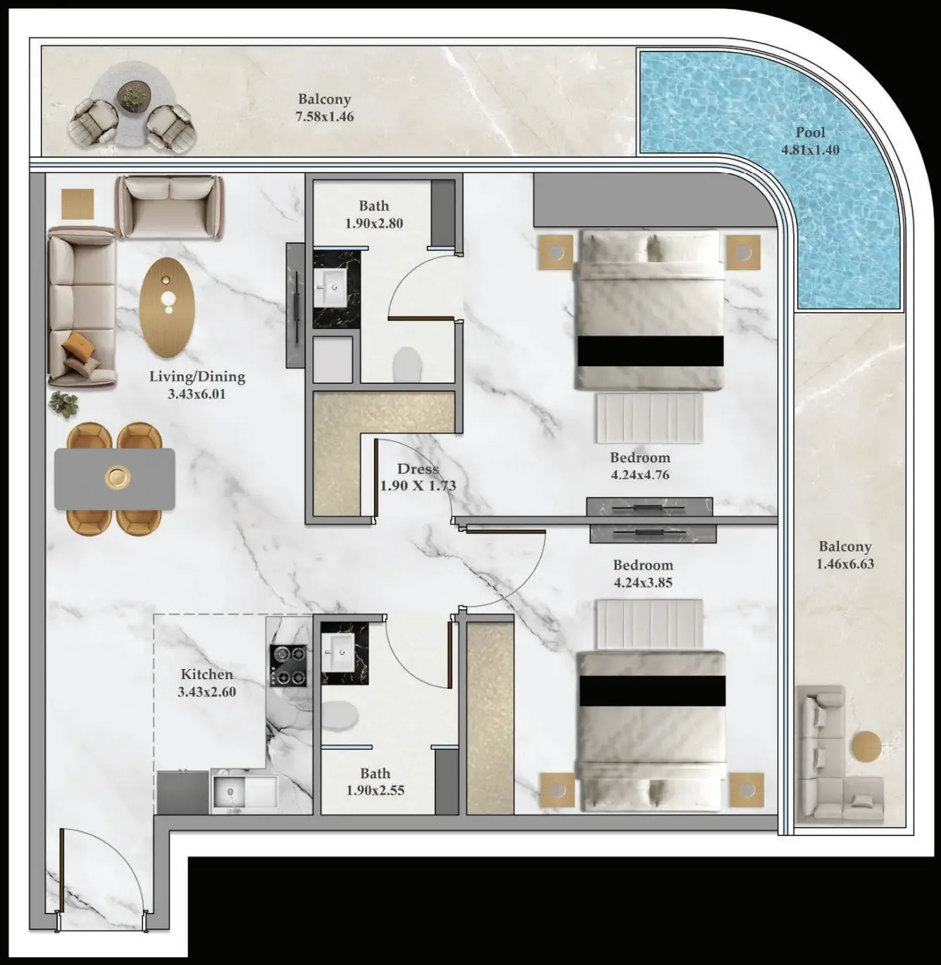 Bayz 102 2 bed floor plan, 1,200 sqft