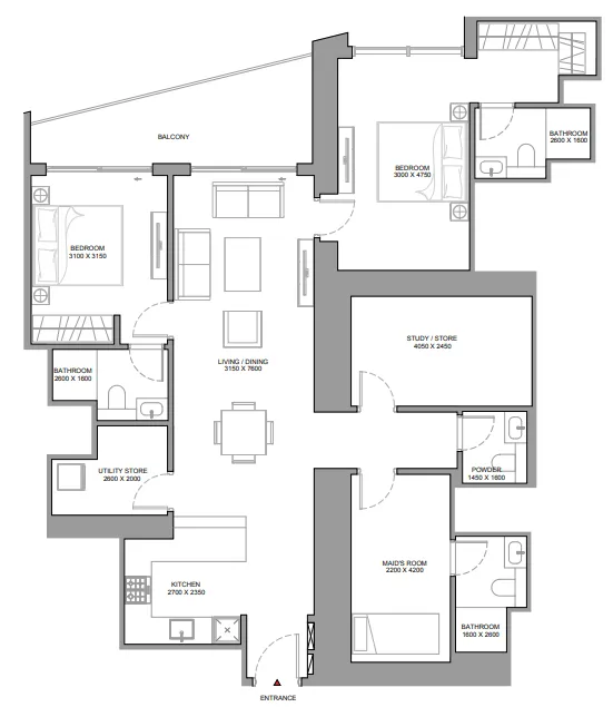 The Horizon at Sobha Central 2 bed floor plan, 1,554 sqft