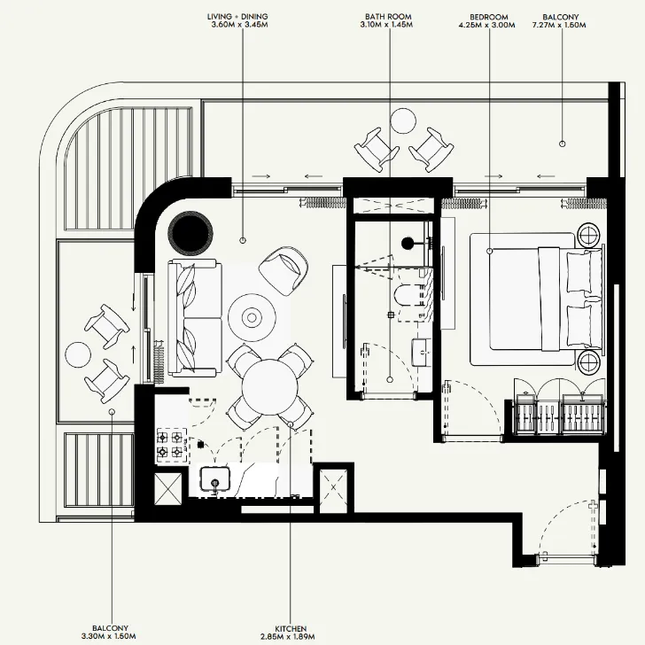 Azizi Venice 1 bed floor plan, 709 sqft