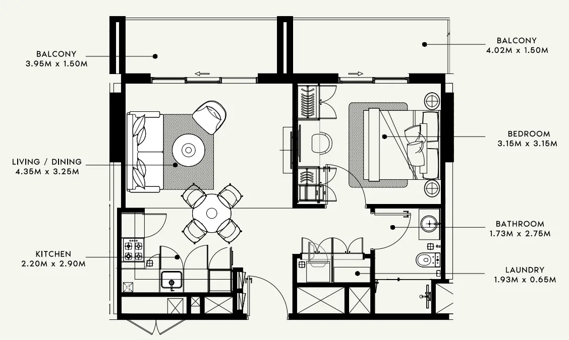 Beach Oasis 1 and 2 1 bed floor plan, 678 sqft