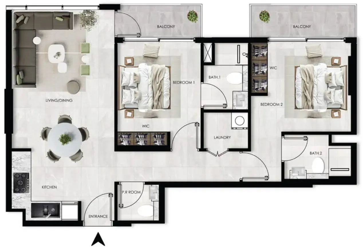 The Willows Residences 2 bed floor plan, 910 – 977 sqft