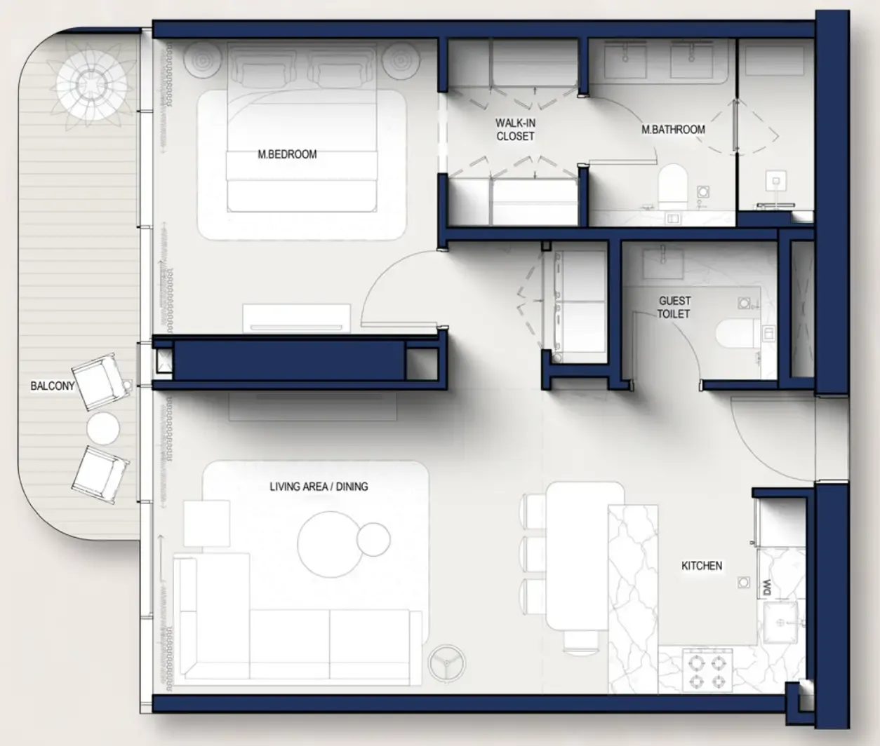 Hilton Residences 1 bed floor plan, 814 sqft