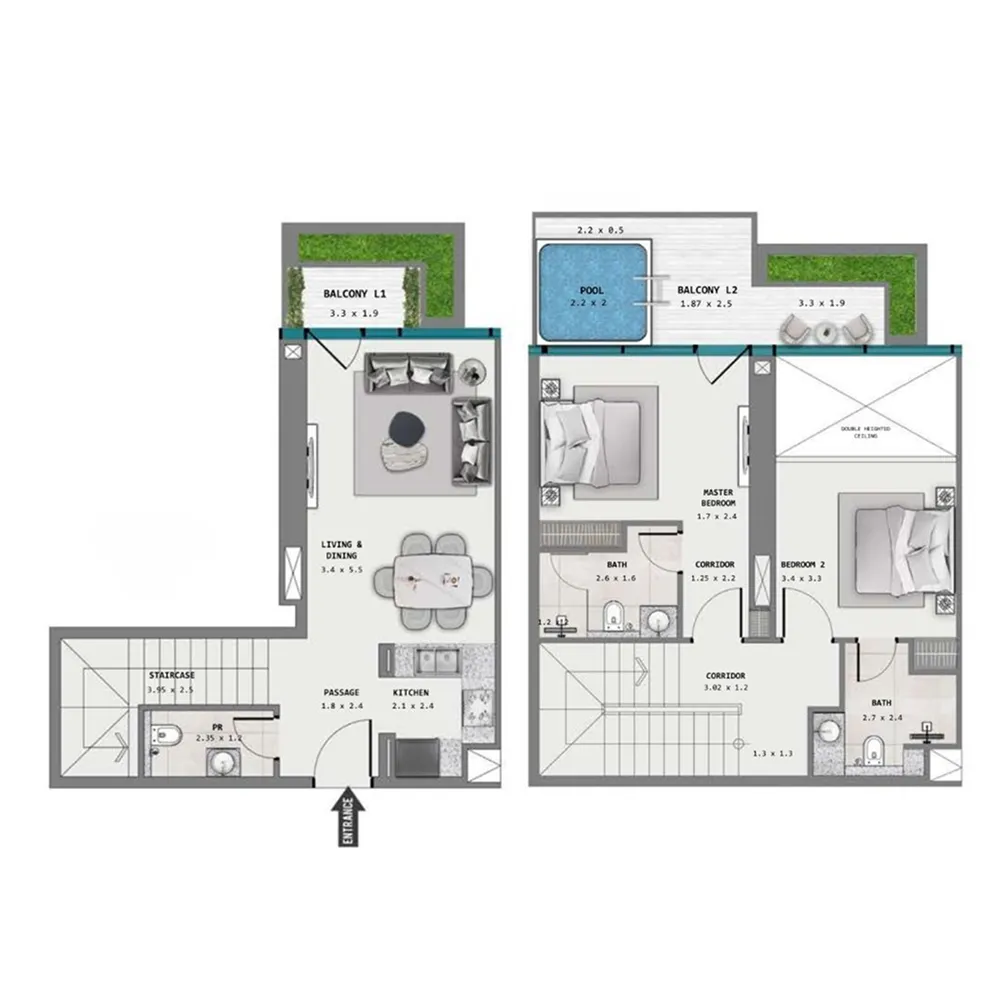 Samana Barari Lagoons 2 bed floor plan, 1,343 sqft