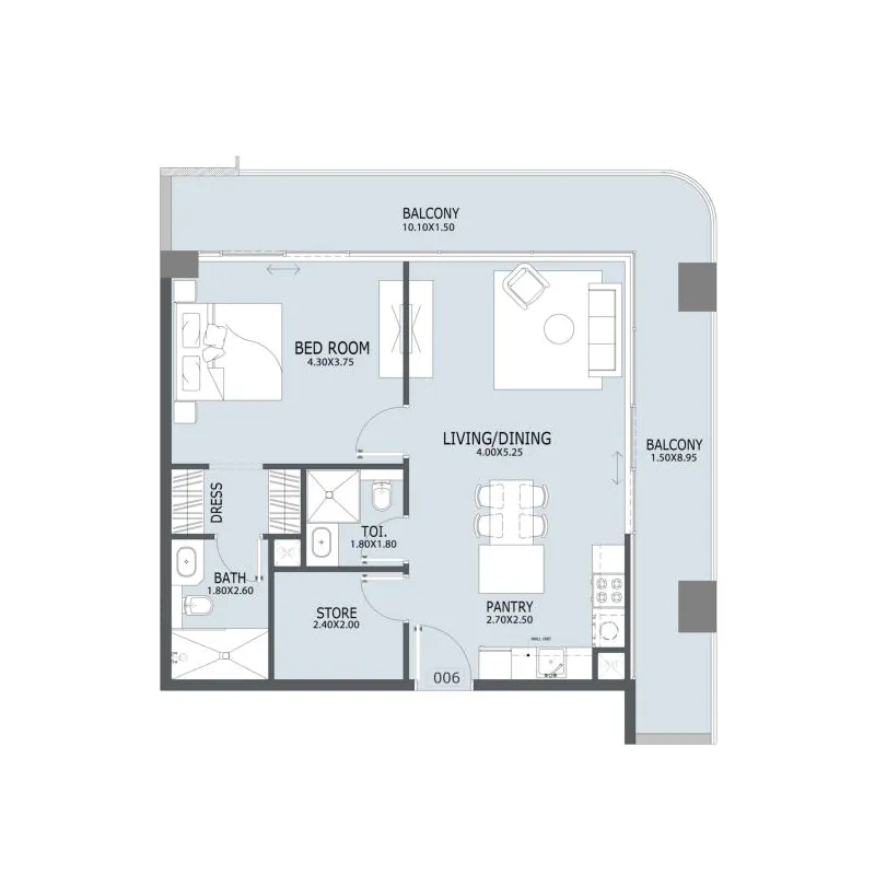 Al Ghaf 2 1 bed floor plan, 1,034 sqft