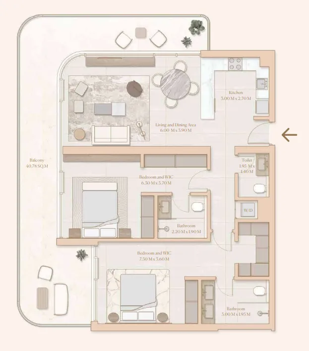 Esme Beach Residences 2 bed floor plan, 1,535 sqft