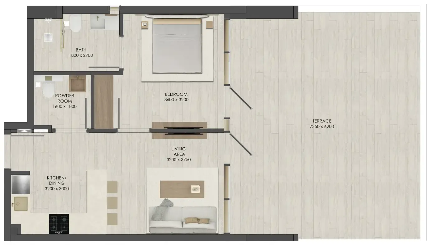 JAD 288 1 bed floor plan, 990 sqft