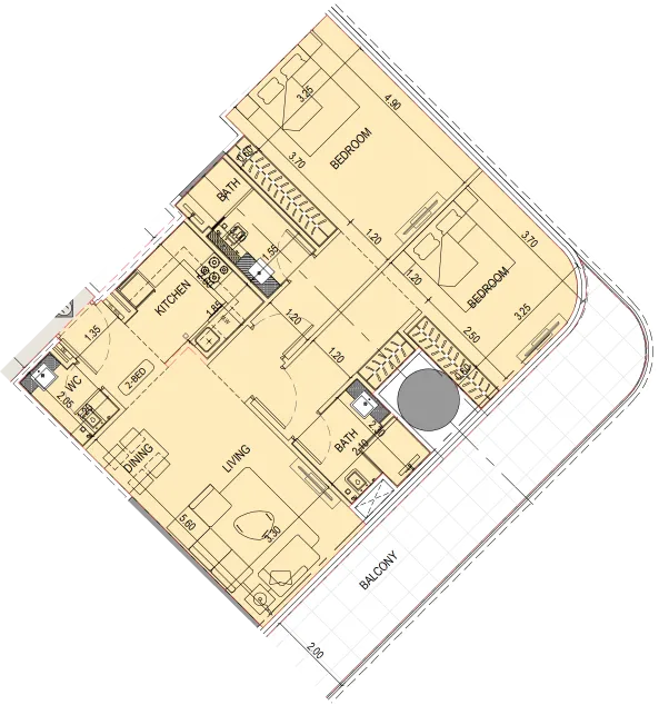 Binghatti Sky Terraces 2 bed floor plan, 1,265 sqft