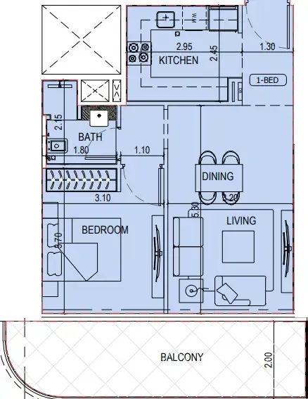 Binghatti Sky Terraces 1 bed floor plan, 705 sqft