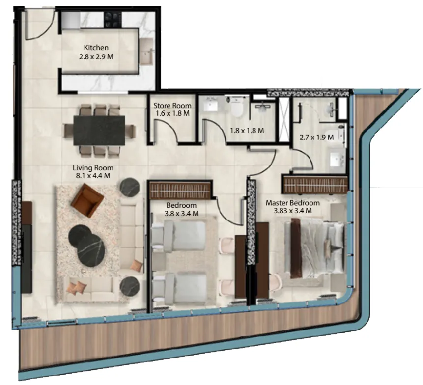 Cresswell Views 2 bed floor plan, 1,317 sqft