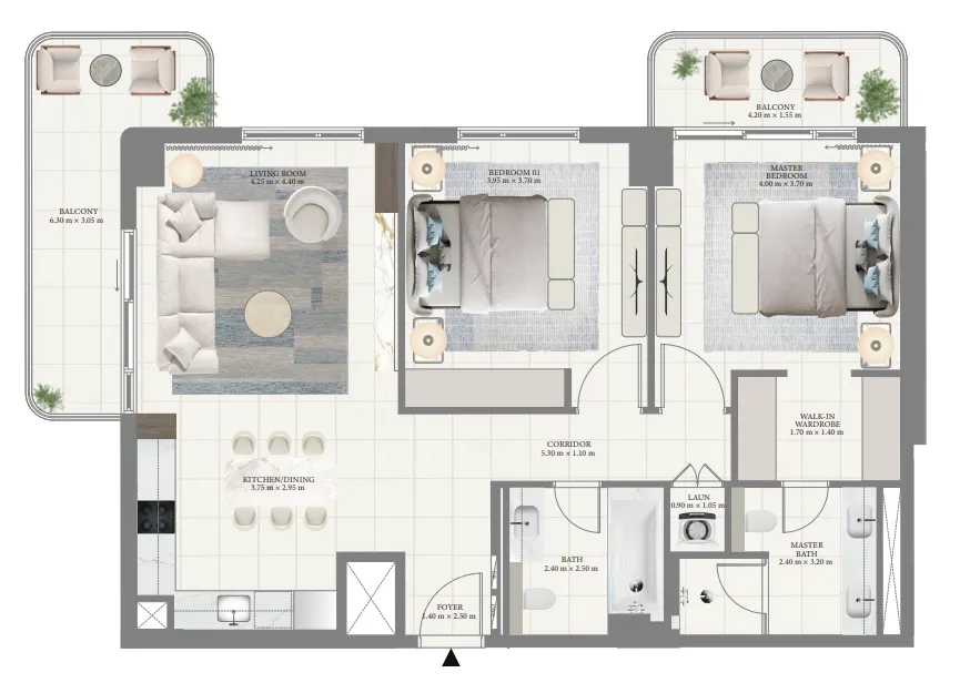Pier Point 2 bed floor plan, 1,292 sqft