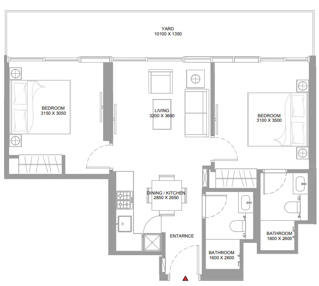 Yachtside Marina Residences 2 bed floor plan, 827 sqft