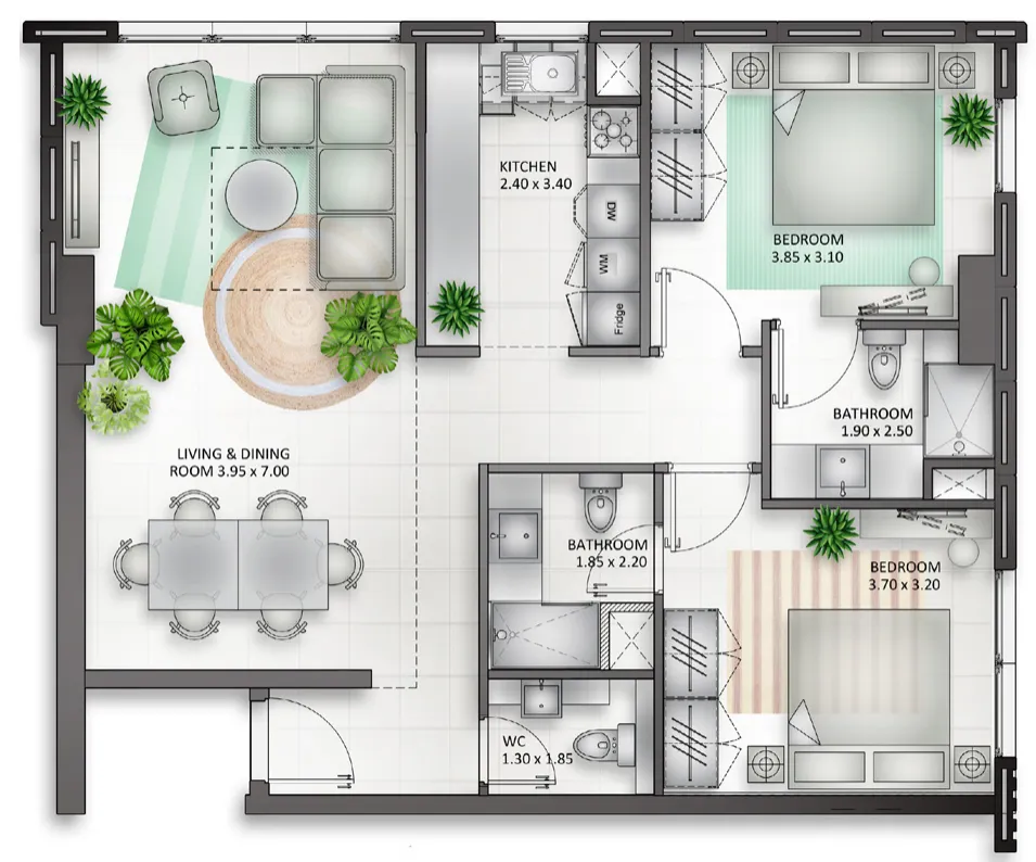 Al Mamsha Sharjah 2 bed floor plan, 1,925 sqft