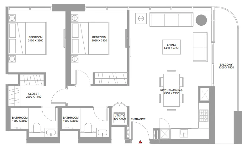 Pristine Beach Residences 2 bed floor plan, 973 sqft