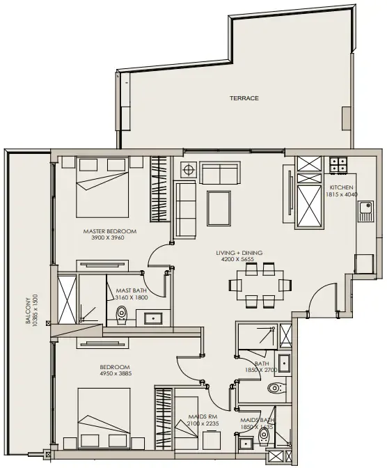 Nirvana Residences 1 2 bed floor plan, 1,384 – 1,386 sqft