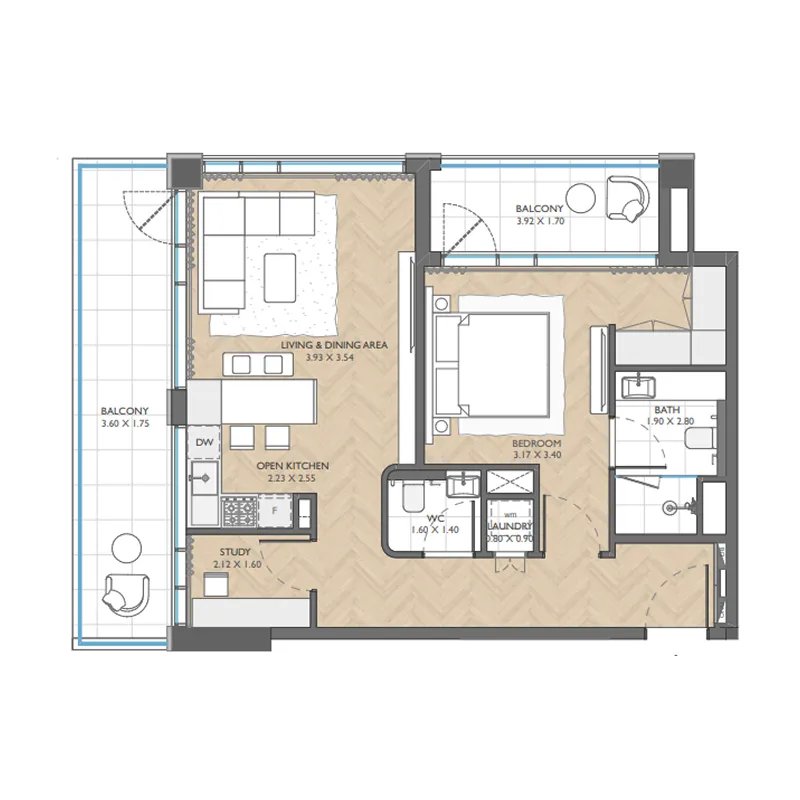 The Collective 1 bed floor plan, 990 sqft