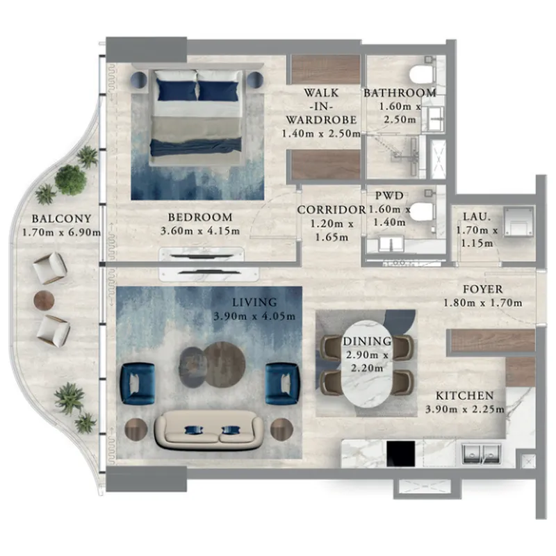 Royal Yacht Club Residence 1 bed floor plan, 843 sqft