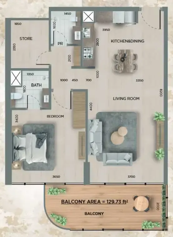 368 Park Ln. 1 bed floor plan, 794 sqft