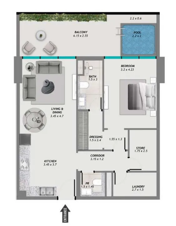Samana Resorts 1 bed floor plan, 1,030 sqft